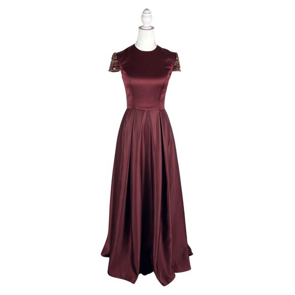 Mac Duggal Beaded Cap Sleeve Satin Gown 2 Wine NWT